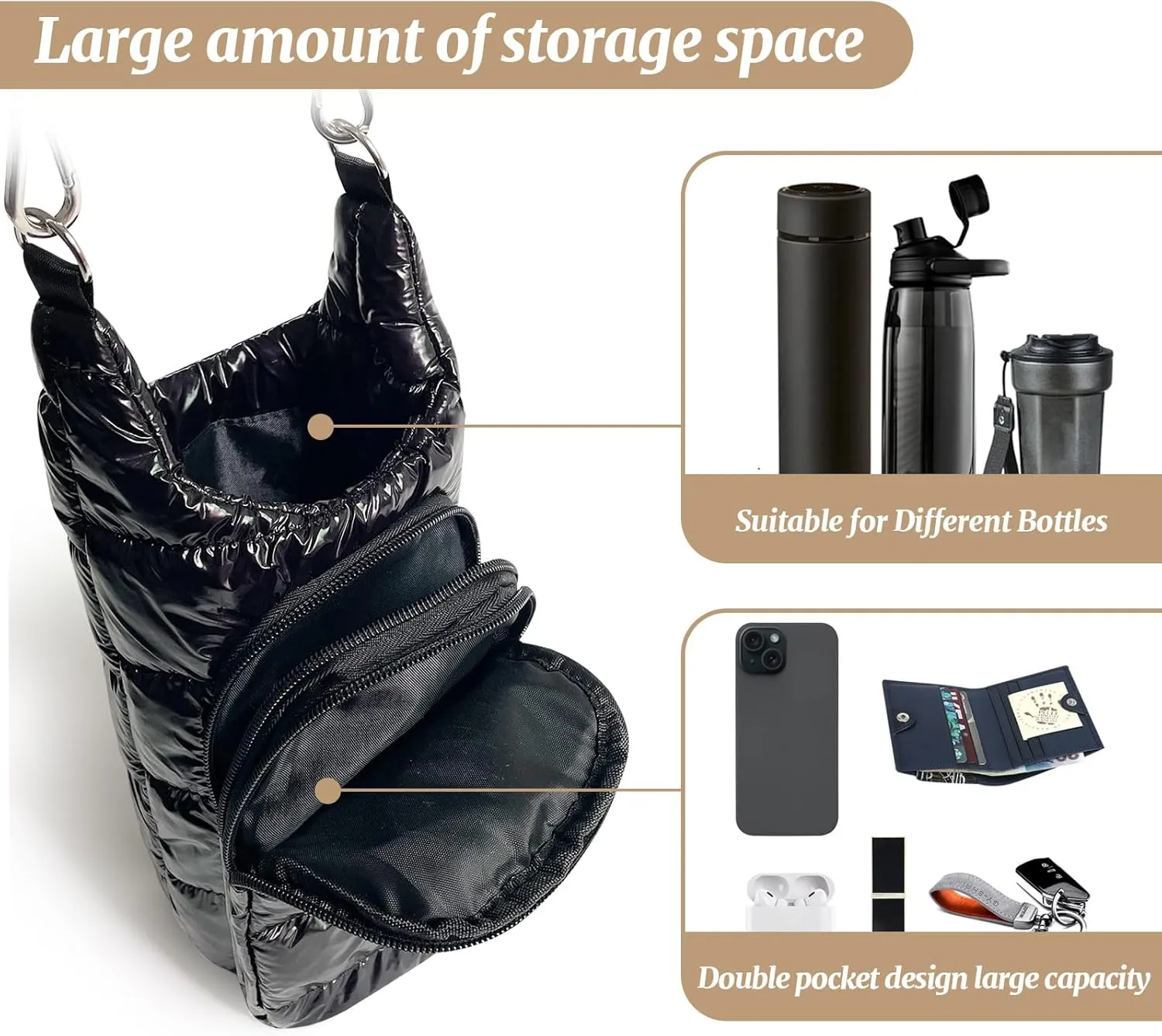Water Bottle Holder with Strap Quilted Crossbody HydroBag Stylish Puffer Waterbottle Purses Water Bottle Sling Bag Water Bottle Accessories for Gifts Outdoor Travel Walking Hiking Camping