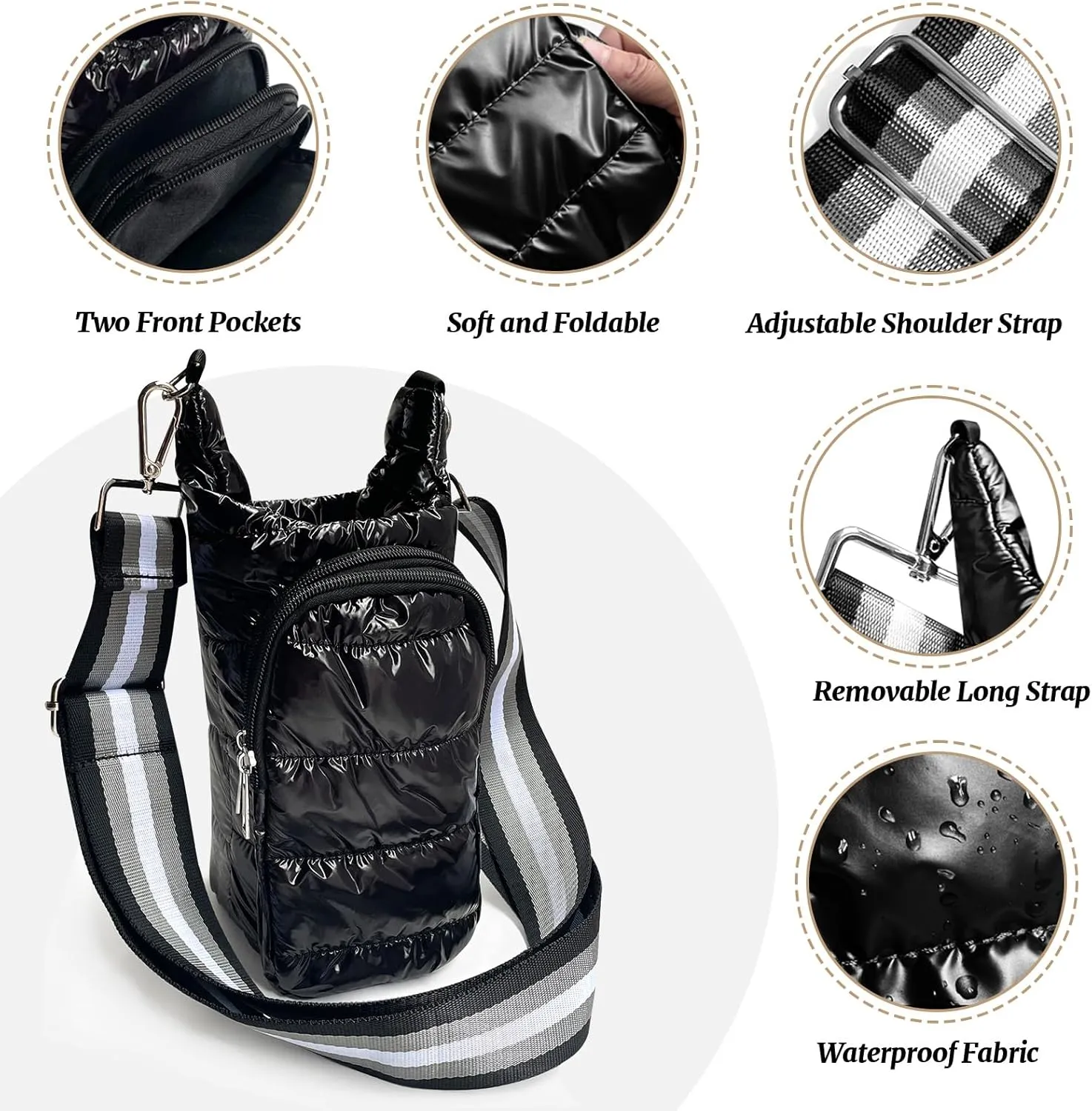 Water Bottle Holder with Strap Quilted Crossbody HydroBag Stylish Puffer Waterbottle Purses Water Bottle Sling Bag Water Bottle Accessories for Gifts Outdoor Travel Walking Hiking Camping