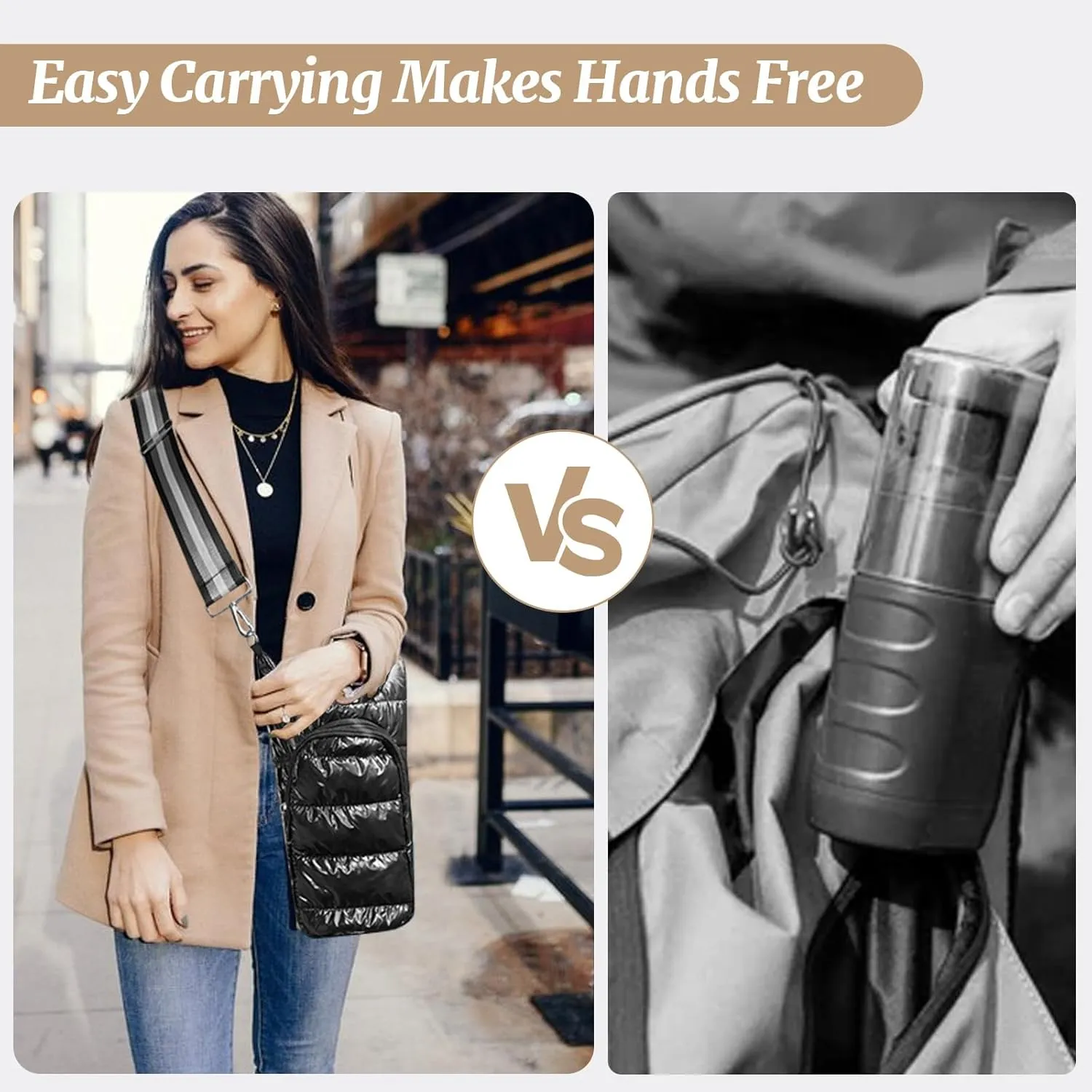 Water Bottle Holder with Strap Quilted Crossbody HydroBag Stylish Puffer Waterbottle Purses Water Bottle Sling Bag Water Bottle Accessories for Gifts Outdoor Travel Walking Hiking Camping