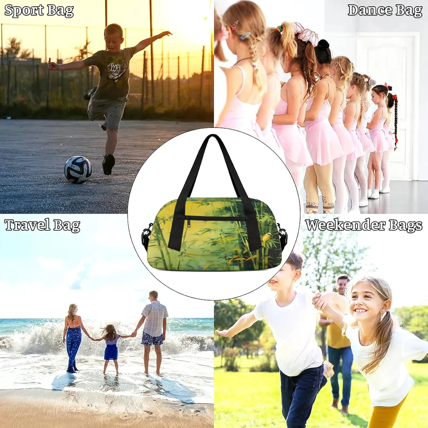 Watercolor Bamboos Pattern Kids Duffel Bag Lightweight Waterproof Sports Gym Bag with Front Zipper Pocket Foldable Weekender Overnight Bag for School Practice Gymnastic Ballet
