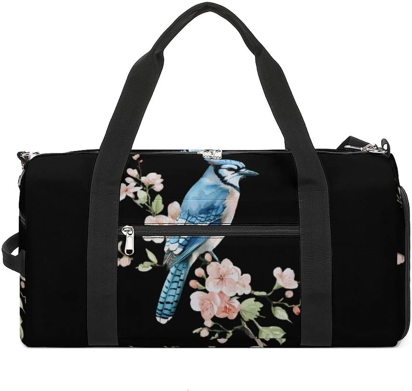 Watercolor Blue Jay with Flowers Funny Gym Bag Travel Duffel Bags Carry On Weekender Overnight Bag for Women Men