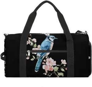 Watercolor Blue Jay with Flowers Funny Gym Bag Travel Duffel Bags Carry On Weekender Overnight Bag for Women Men