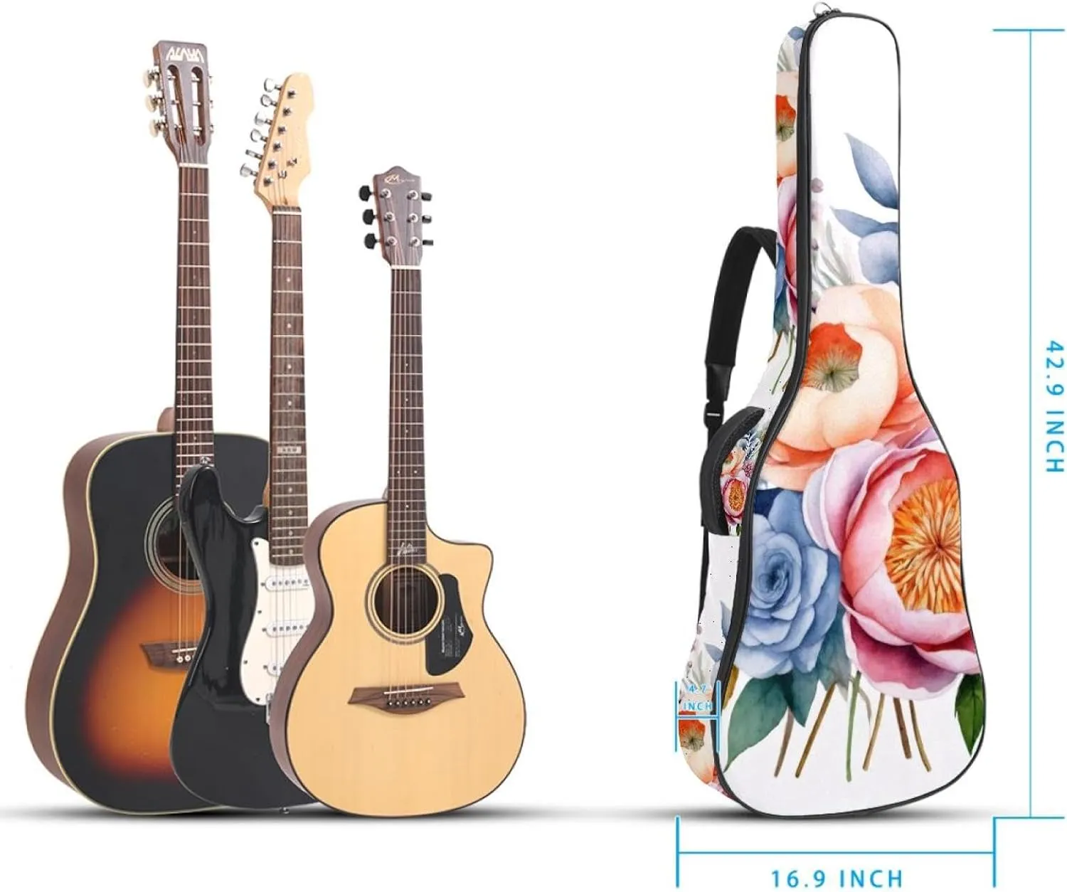 Watercolor Colorful Floral Composition Acoustic Guitar Gig Bag, 1 cm Thick Padding Waterproof Guitar Case Backpack with Dual Adjustable Shoulder Strap for 40-42 Inch Guitar