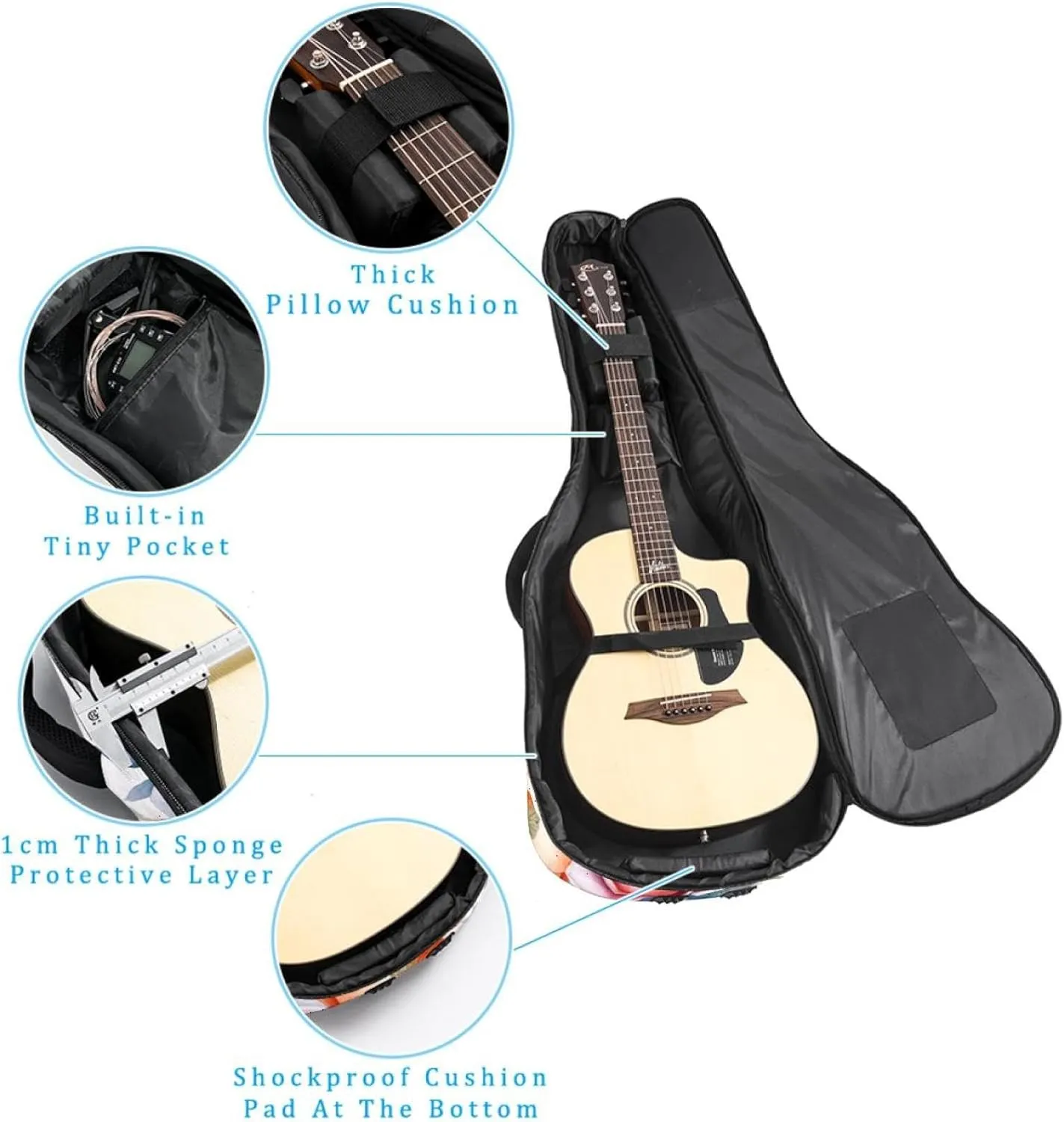 Watercolor Colorful Floral Composition Acoustic Guitar Gig Bag, 1 cm Thick Padding Waterproof Guitar Case Backpack with Dual Adjustable Shoulder Strap for 40-42 Inch Guitar