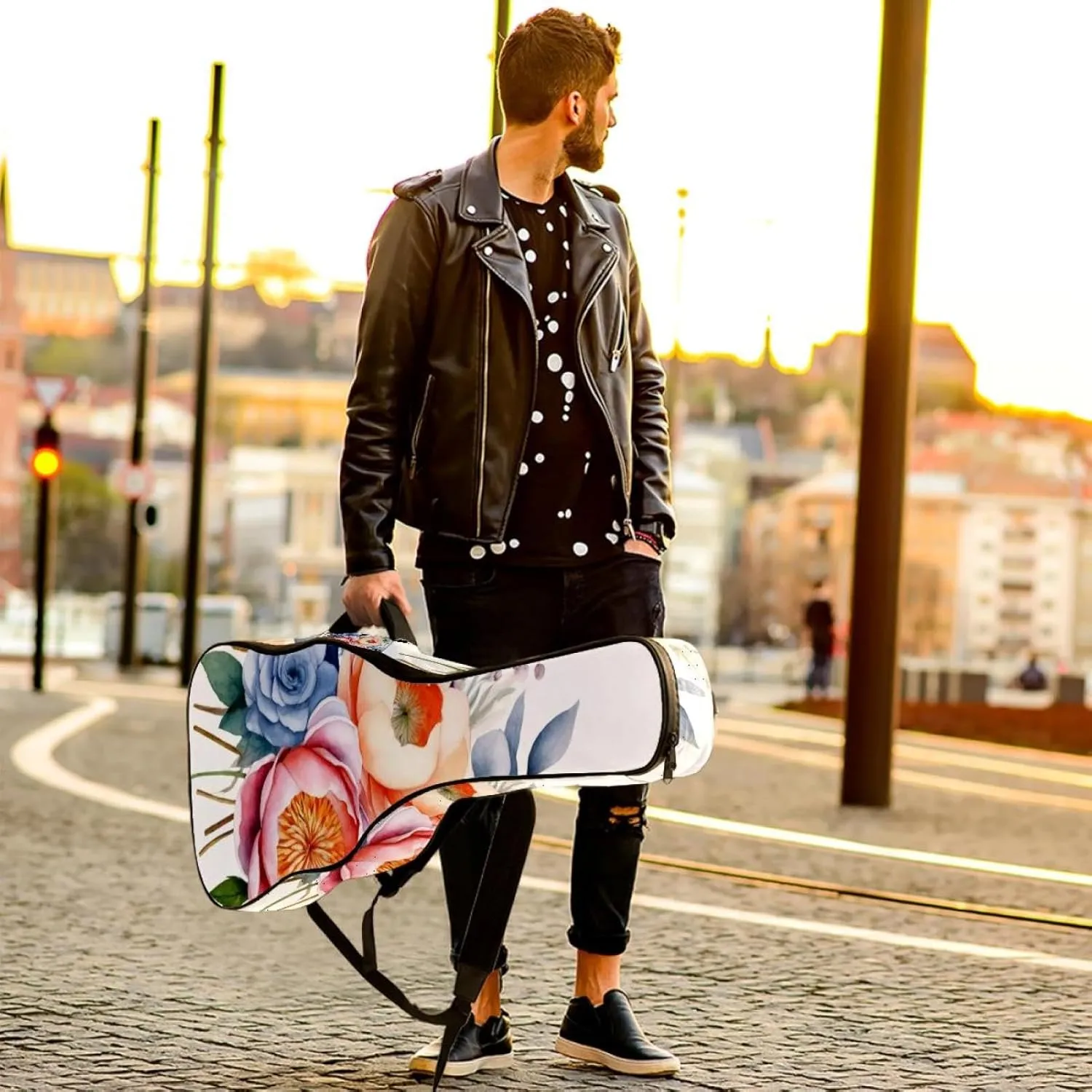 Watercolor Colorful Floral Composition Acoustic Guitar Gig Bag, 1 cm Thick Padding Waterproof Guitar Case Backpack with Dual Adjustable Shoulder Strap for 40-42 Inch Guitar