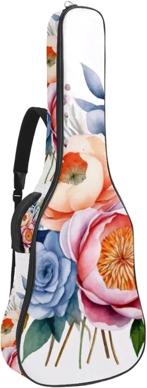 Watercolor Colorful Floral Composition Acoustic Guitar Gig Bag, 1 cm Thick Padding Waterproof Guitar Case Backpack with Dual Adjustable Shoulder Strap for 40-42 Inch Guitar