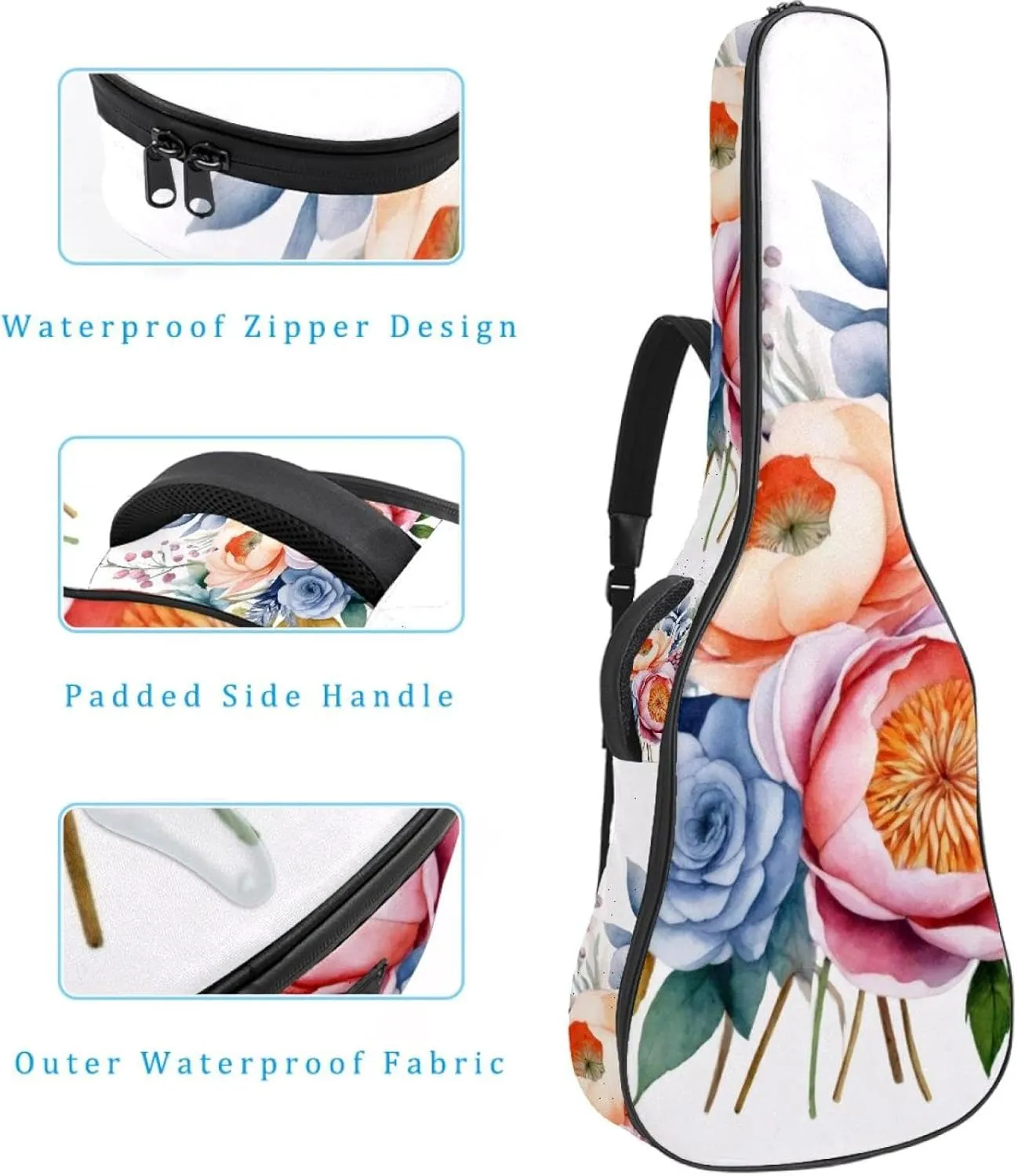 Watercolor Colorful Floral Composition Acoustic Guitar Gig Bag, 1 cm Thick Padding Waterproof Guitar Case Backpack with Dual Adjustable Shoulder Strap for 40-42 Inch Guitar
