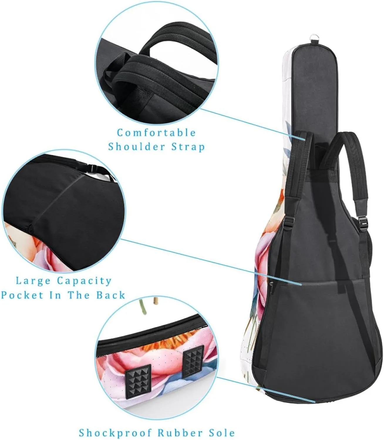 Watercolor Colorful Floral Composition Acoustic Guitar Gig Bag, 1 cm Thick Padding Waterproof Guitar Case Backpack with Dual Adjustable Shoulder Strap for 40-42 Inch Guitar