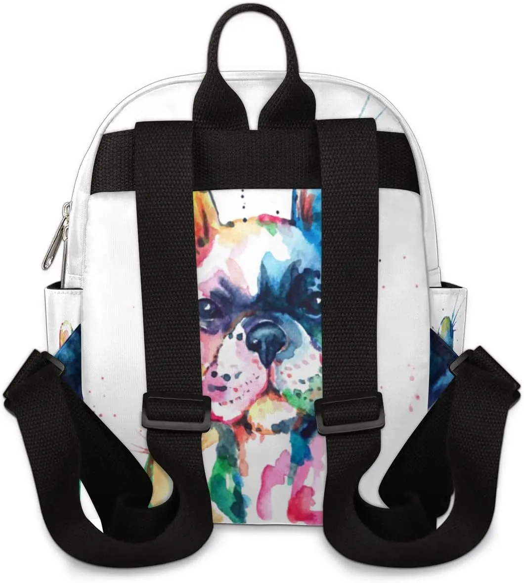 Watercolor French Bulldog Mini Backpack Purse for Women, Dog Pattern Lightweight Small Backpack Casual Travel Daypack for Girls Children Teens Adult School Bag