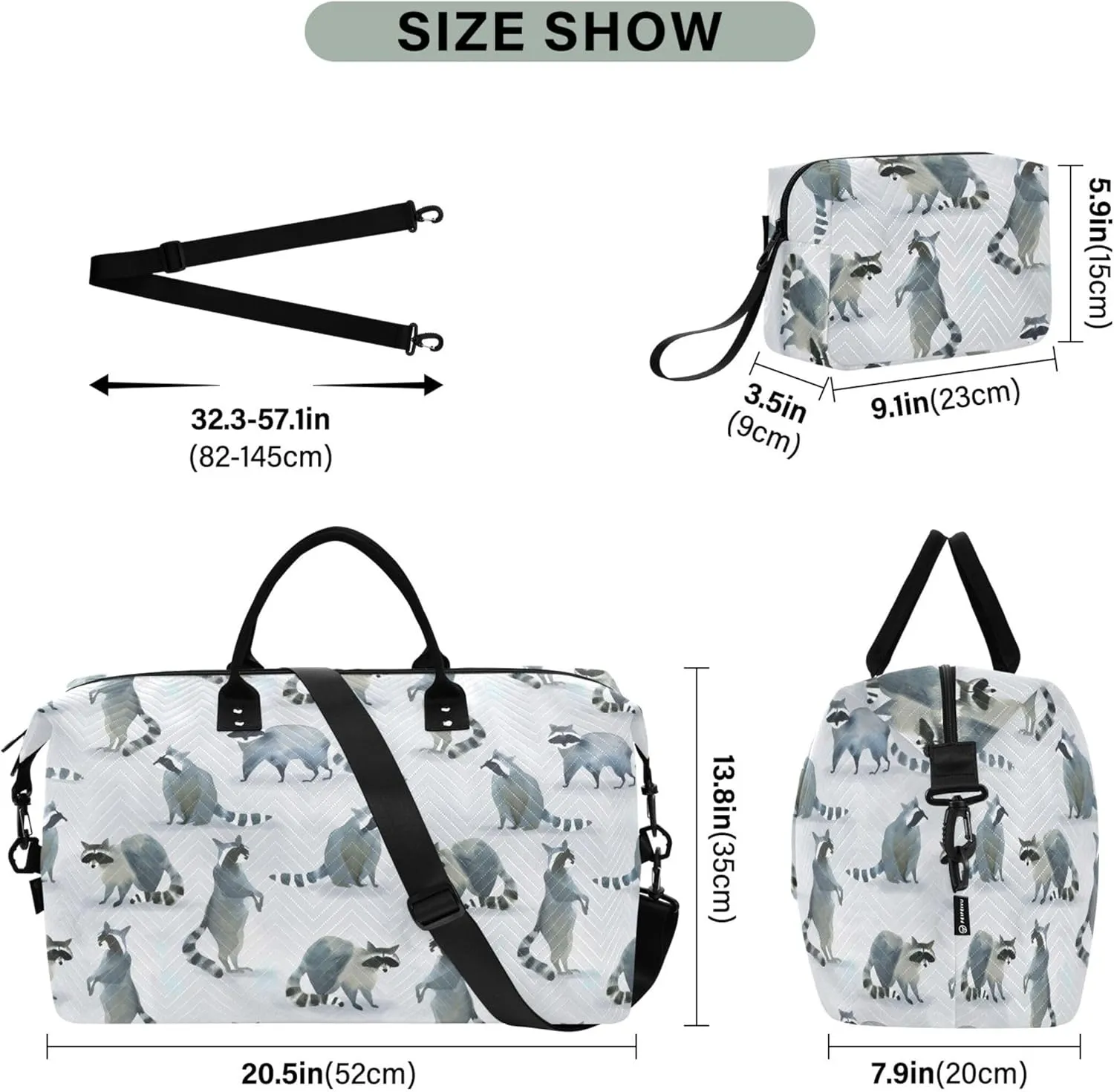 Watercolor Gray Wild Raccoon Duffel Bags Travel Makeup Pouch Set, Design Womens Gym Duffle Bag Duffel for Traveling