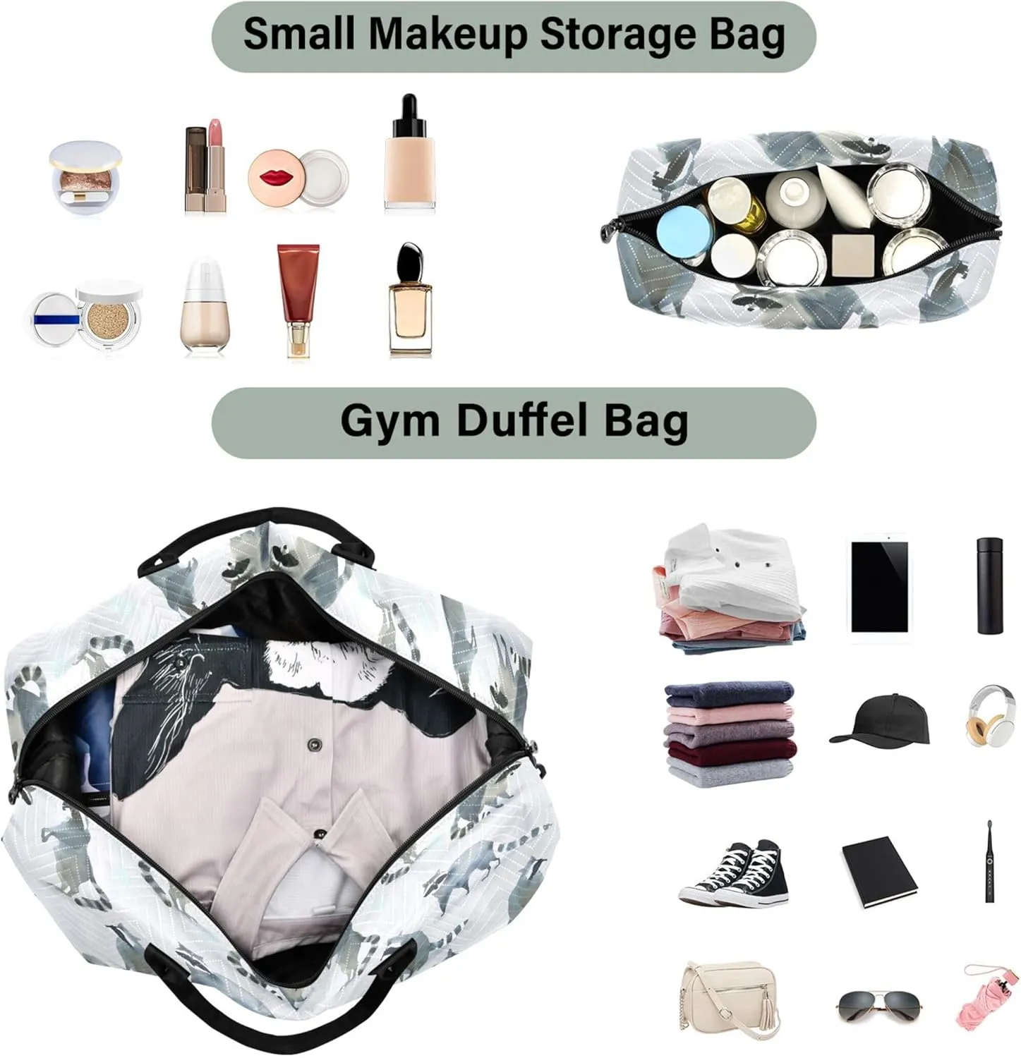 Watercolor Gray Wild Raccoon Duffel Bags Travel Makeup Pouch Set, Design Womens Gym Duffle Bag Duffel for Traveling