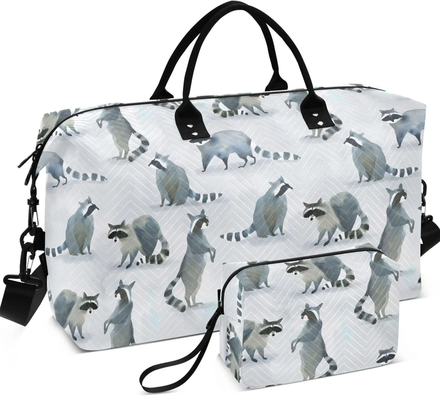Watercolor Gray Wild Raccoon Duffel Bags Travel Makeup Pouch Set, Design Womens Gym Duffle Bag Duffel for Traveling