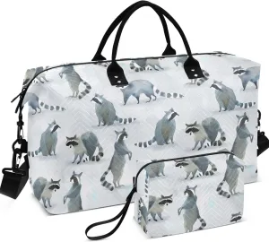 Watercolor Gray Wild Raccoon Duffel Bags Travel Makeup Pouch Set, Design Womens Gym Duffle Bag Duffel for Traveling