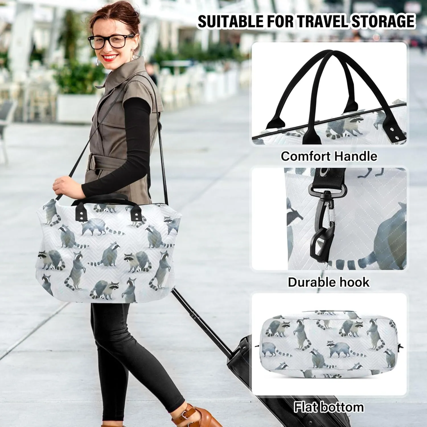 Watercolor Gray Wild Raccoon Duffel Bags Travel Makeup Pouch Set, Design Womens Gym Duffle Bag Duffel for Traveling