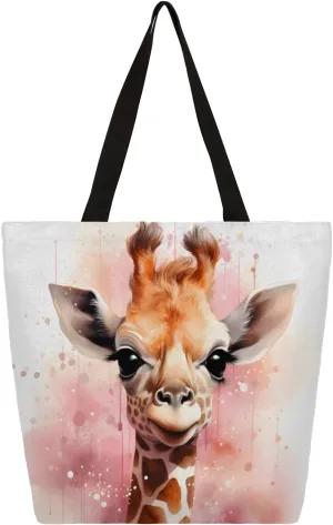 Watercolour Giraffe Large Capacity Canvas Tote Bag Stylish Handheld Shoulder Bag Reusable Shopping Bag for Work Travel Beach Trips Shopping