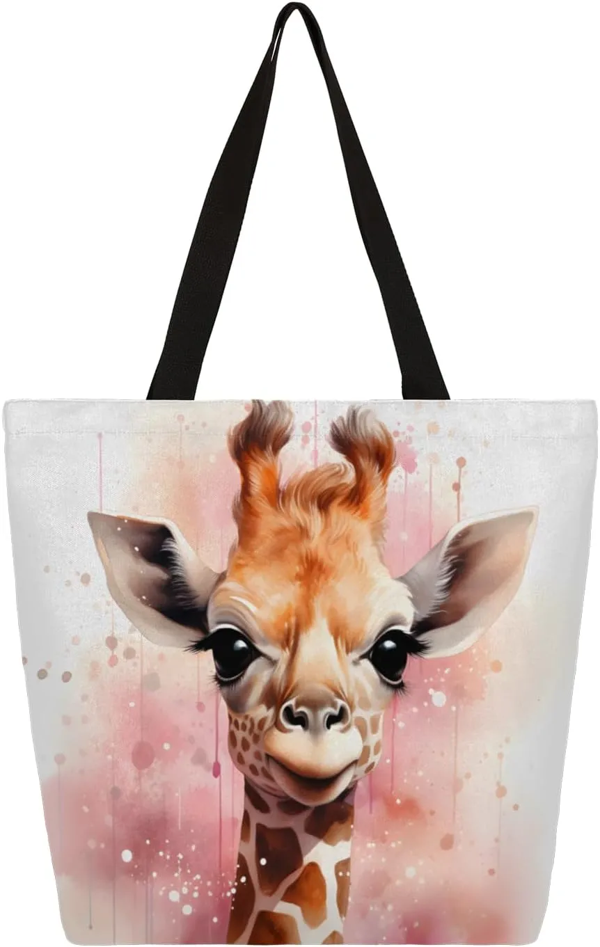 Watercolour Giraffe Large Capacity Canvas Tote Bag Stylish Handheld Shoulder Bag Reusable Shopping Bag for Work Travel Beach Trips Shopping