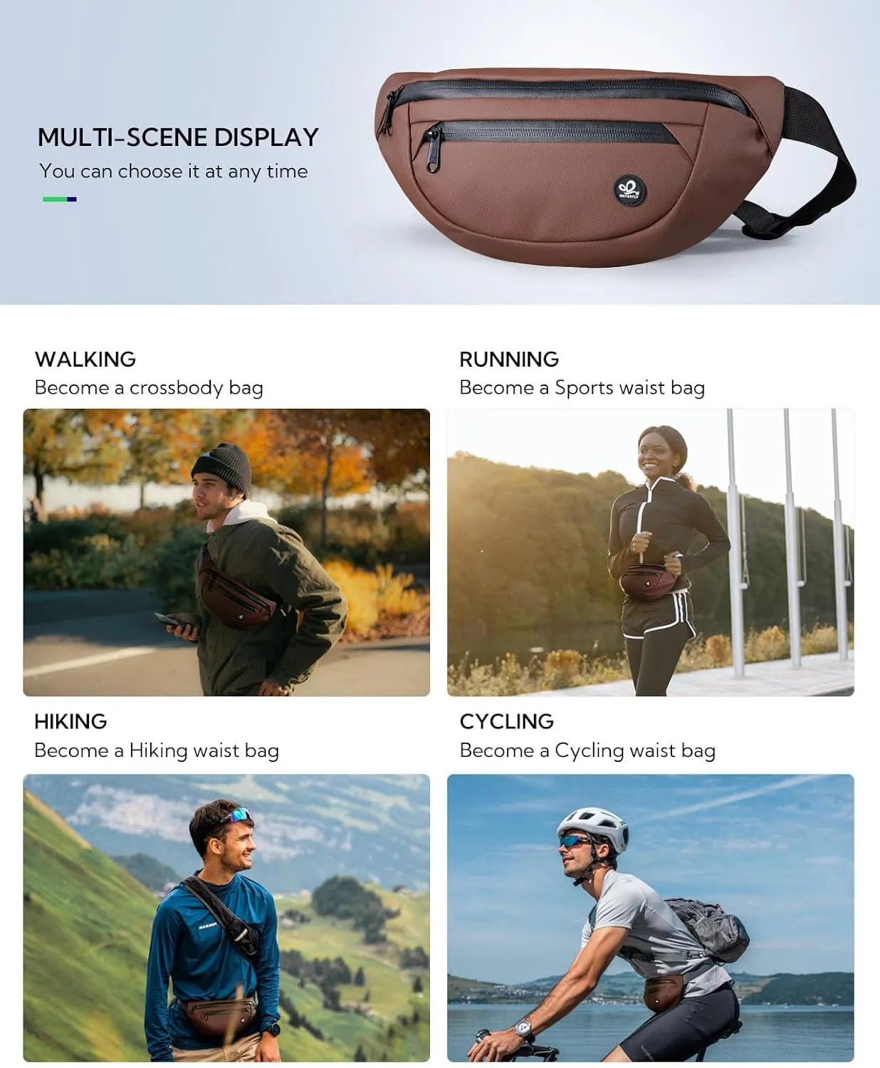 WATERFLY Fanny Pack Waist Packs: Small Waist Bag for Women Men Fashion Crossbody Belt Bags for Hiking Running Travel Walking-Brown