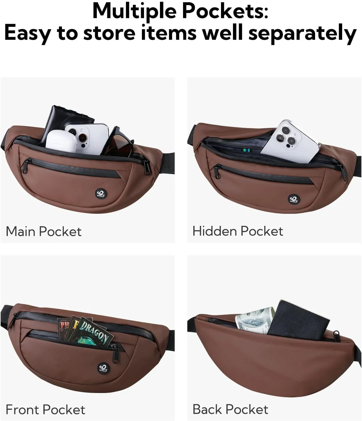 WATERFLY Fanny Pack Waist Packs: Small Waist Bag for Women Men Fashion Crossbody Belt Bags for Hiking Running Travel Walking-Brown