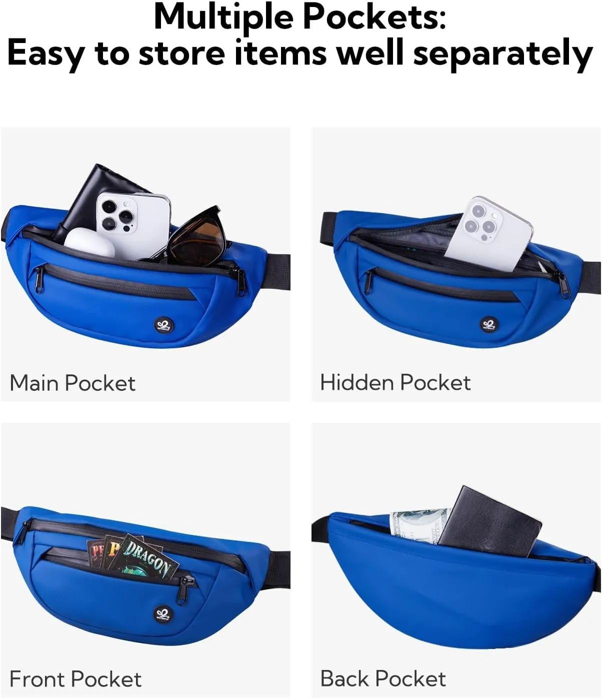 WATERFLY Fanny Pack Waist Packs: Small Waist Bag for Women Men Fashion Crossbody Belt Bags for Hiking Running Travel Walking-Sapphire