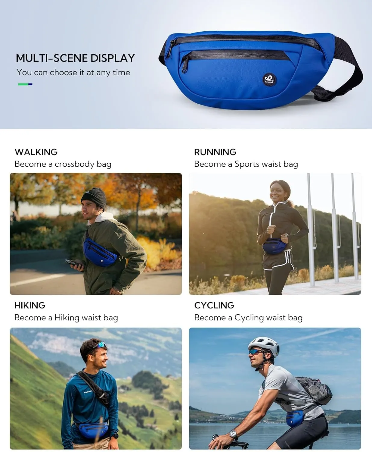 WATERFLY Fanny Pack Waist Packs: Small Waist Bag for Women Men Fashion Crossbody Belt Bags for Hiking Running Travel Walking-Sapphire