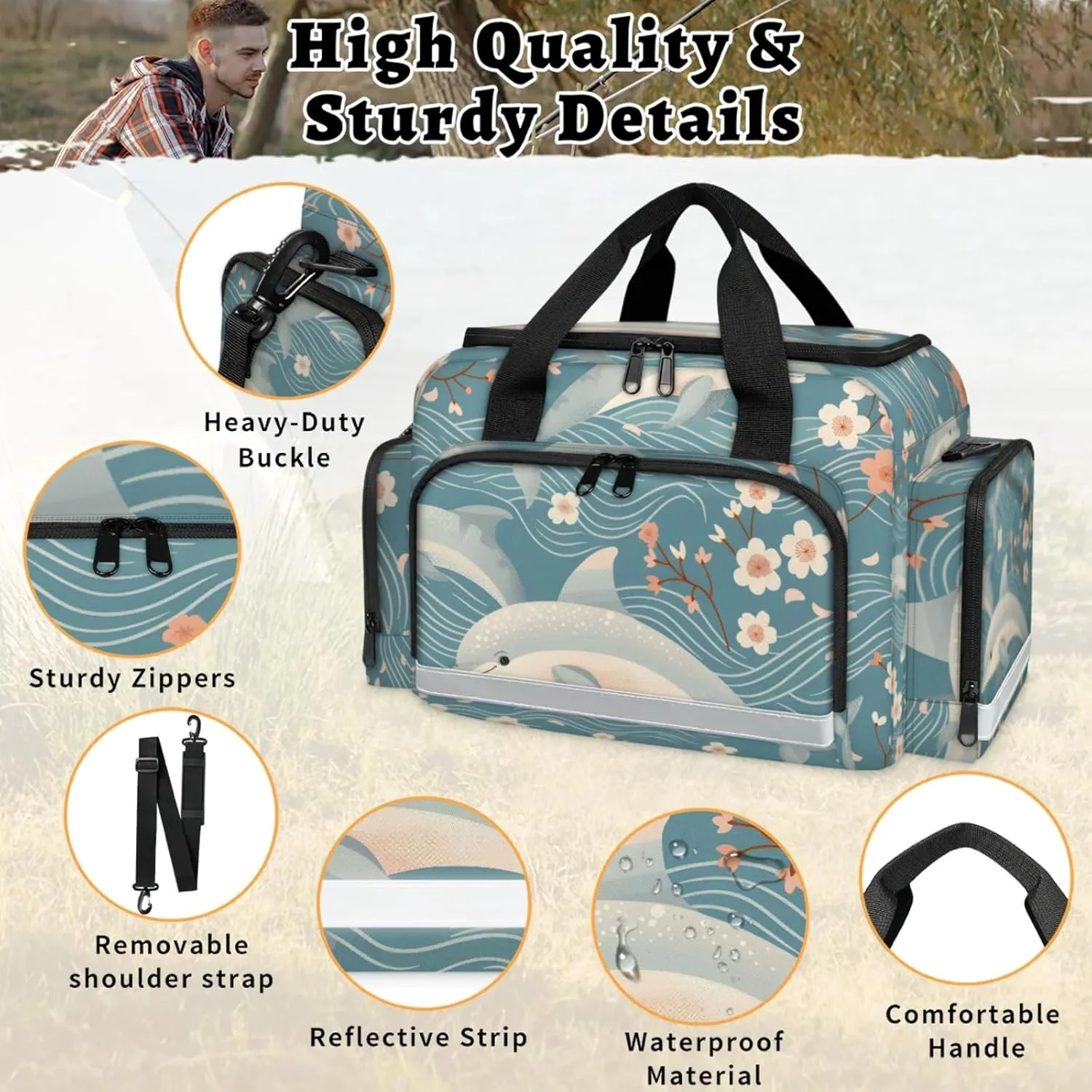 Waterproof Tactical Duffle Bag 25" Carry On Bag for EMT Tear-Resistant Gym Bag with Multi-Pocket & OSHA Reflective Travel Bags for Men Women Dolphin Flower