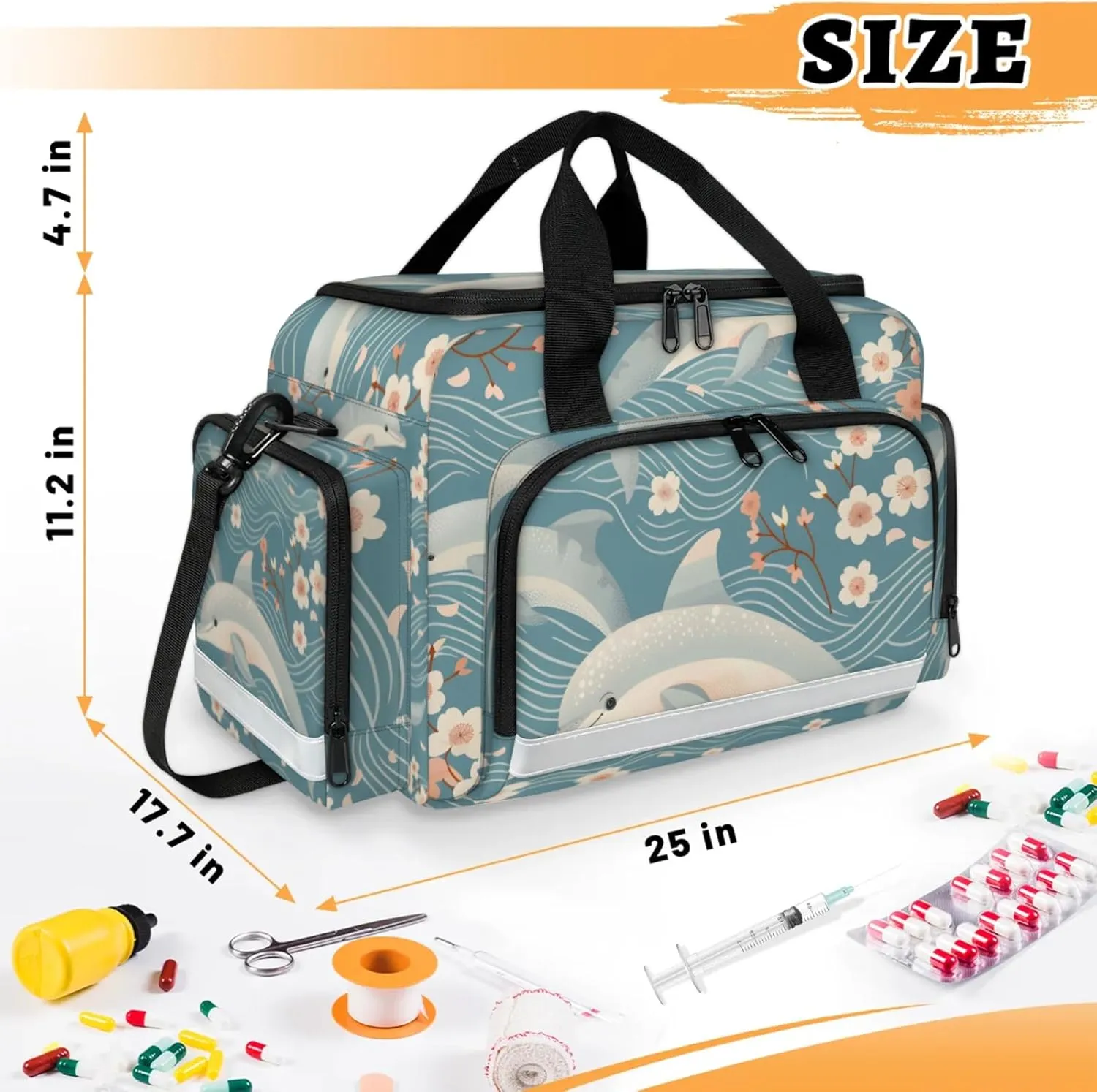 Waterproof Tactical Duffle Bag 25" Carry On Bag for EMT Tear-Resistant Gym Bag with Multi-Pocket & OSHA Reflective Travel Bags for Men Women Dolphin Flower