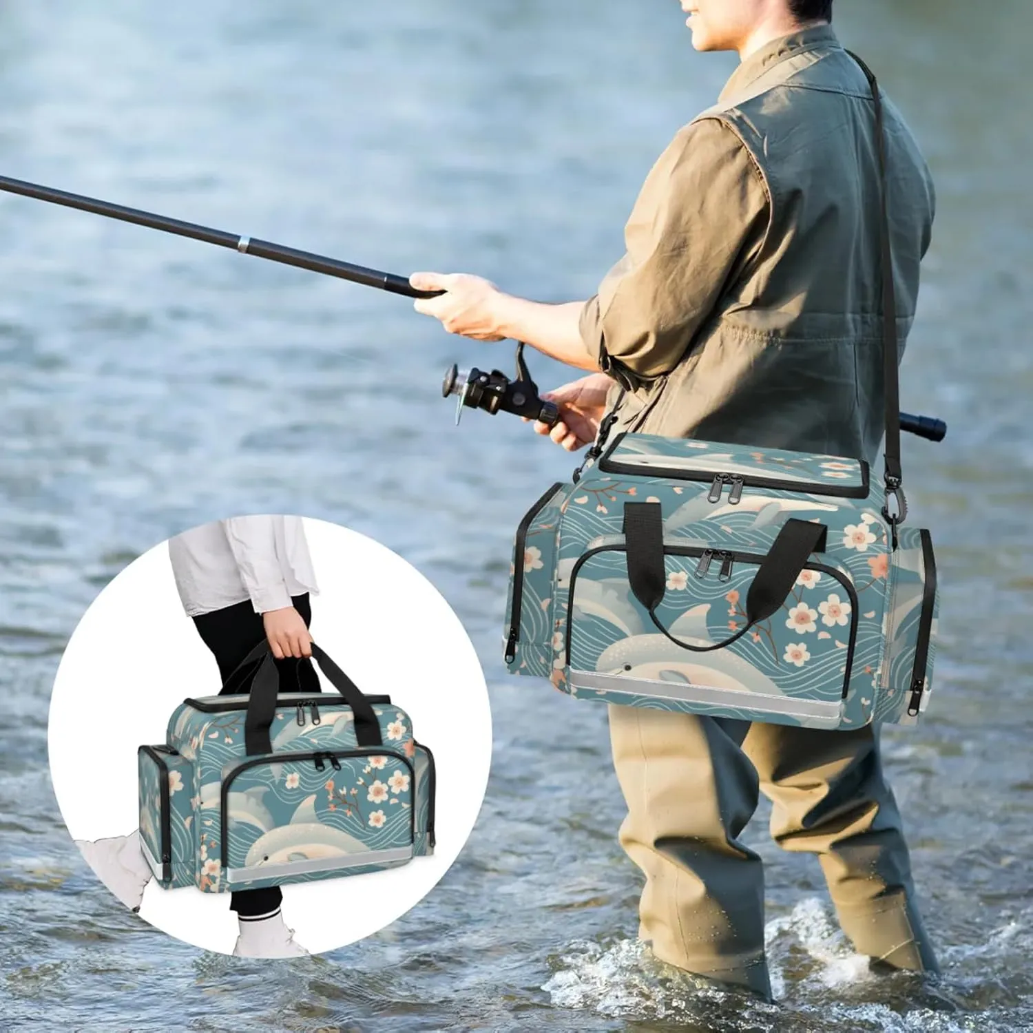 Waterproof Tactical Duffle Bag 25" Carry On Bag for EMT Tear-Resistant Gym Bag with Multi-Pocket & OSHA Reflective Travel Bags for Men Women Dolphin Flower