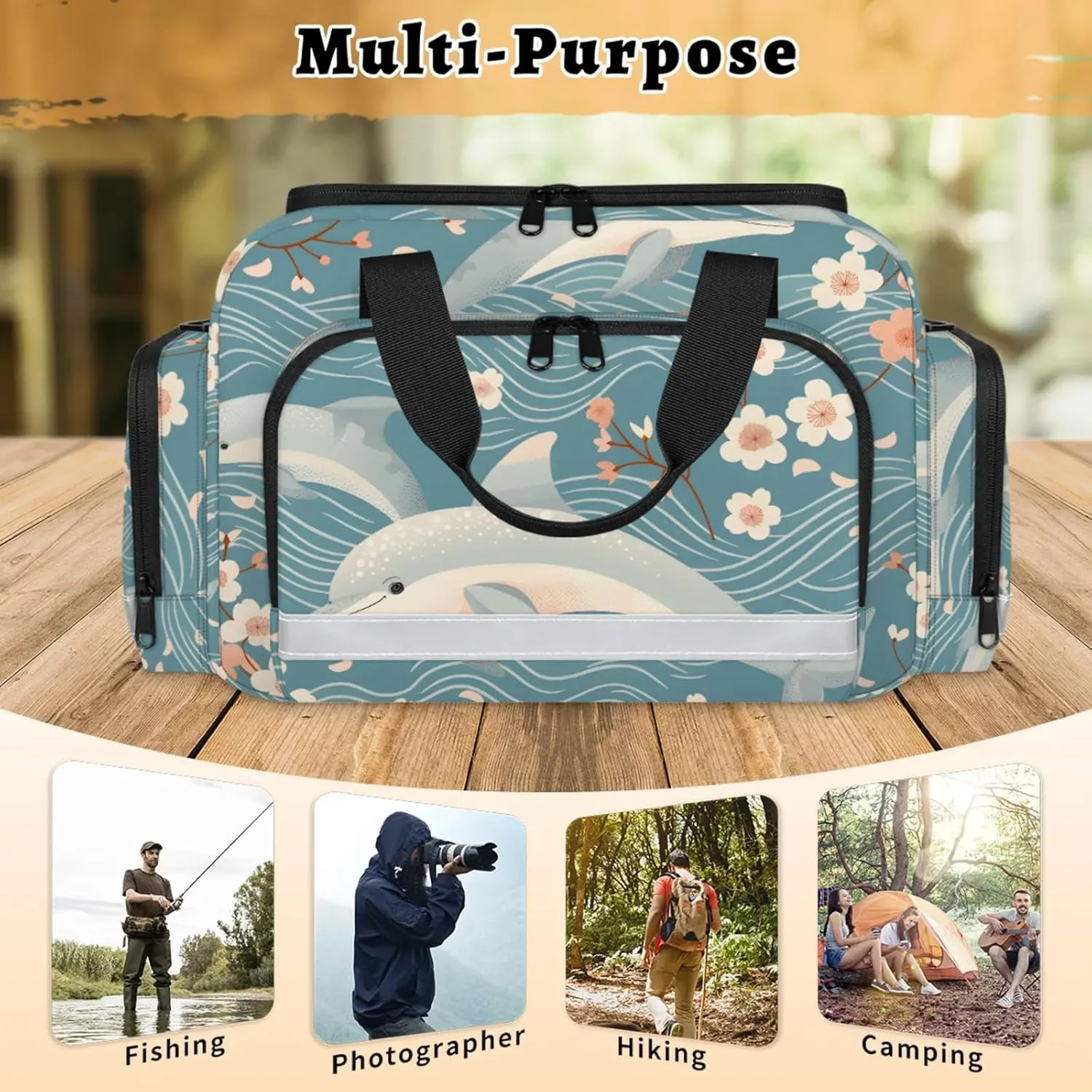 Waterproof Tactical Duffle Bag 25" Carry On Bag for EMT Tear-Resistant Gym Bag with Multi-Pocket & OSHA Reflective Travel Bags for Men Women Dolphin Flower