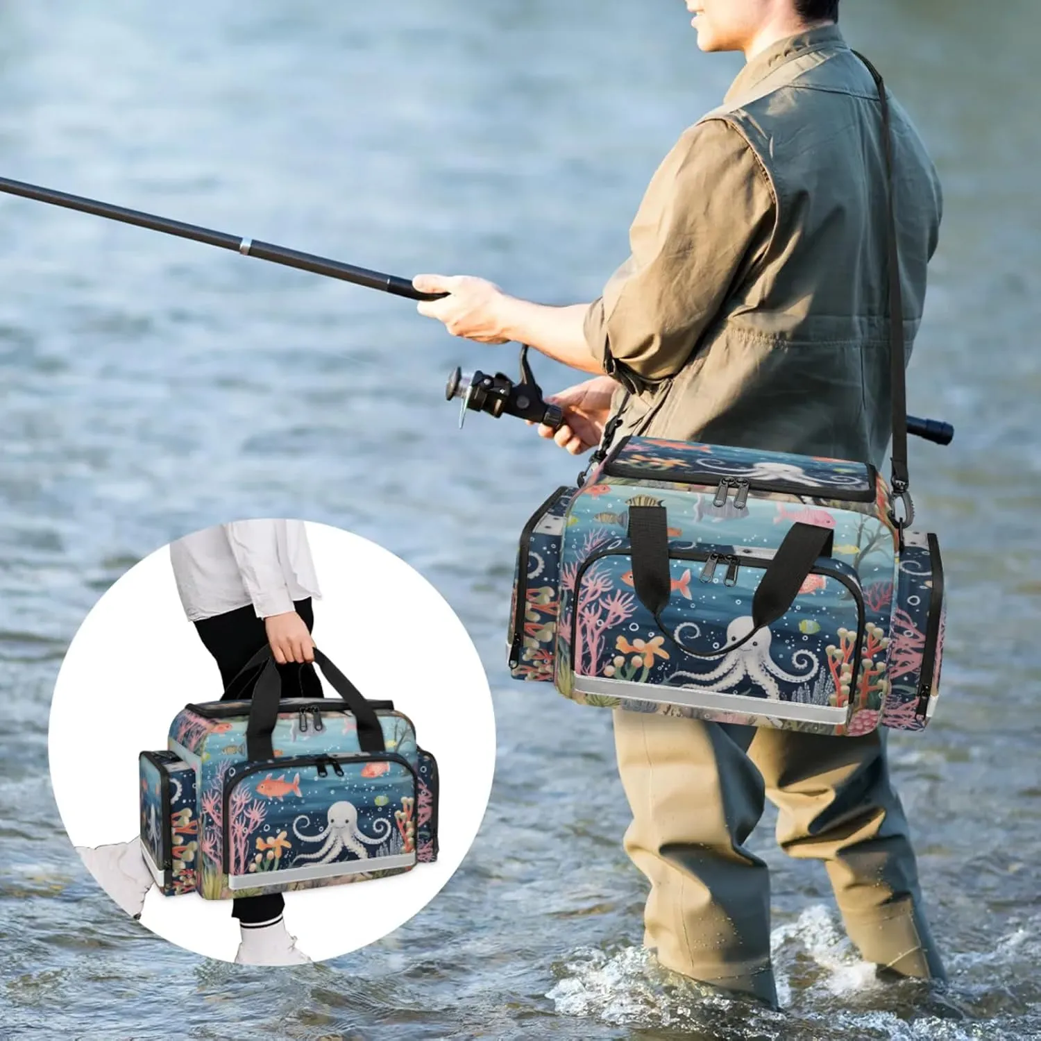 Waterproof Tactical Duffle Bag 25" Carry On Bag for EMT Tear-Resistant Gym Bag with Multi-Pocket & OSHA Reflective Travel Bags for Men Women Fish Ocean Animal