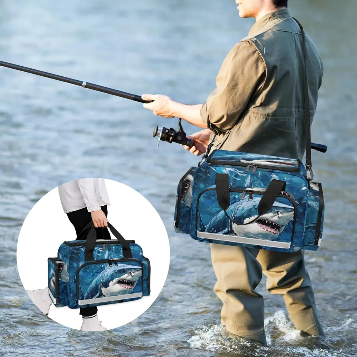 Waterproof Tactical Duffle Bag 25" Carry On Bag for EMT Tear-Resistant Gym Bag with Multi-Pocket & OSHA Reflective Travel Bags for Men Women Shark Oil Painting
