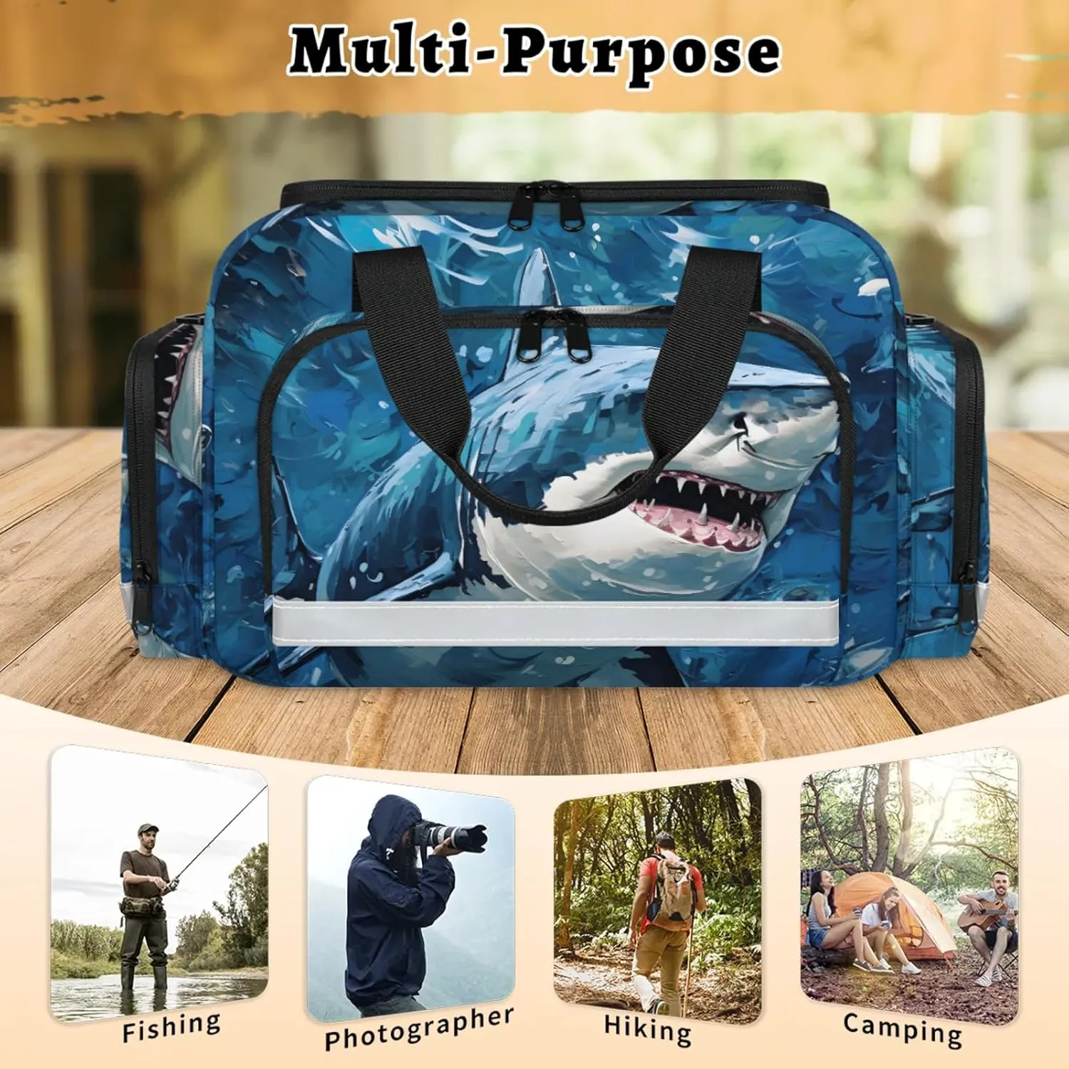 Waterproof Tactical Duffle Bag 25" Carry On Bag for EMT Tear-Resistant Gym Bag with Multi-Pocket & OSHA Reflective Travel Bags for Men Women Shark Oil Painting