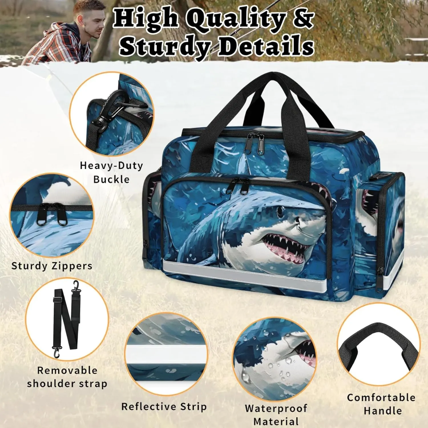 Waterproof Tactical Duffle Bag 25" Carry On Bag for EMT Tear-Resistant Gym Bag with Multi-Pocket & OSHA Reflective Travel Bags for Men Women Shark Oil Painting