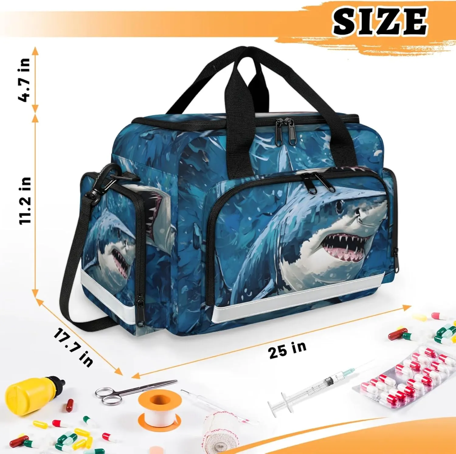 Waterproof Tactical Duffle Bag 25" Carry On Bag for EMT Tear-Resistant Gym Bag with Multi-Pocket & OSHA Reflective Travel Bags for Men Women Shark Oil Painting