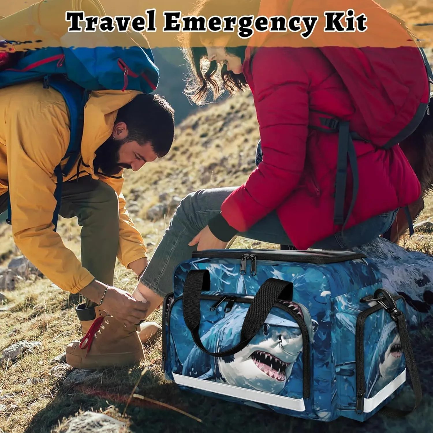 Waterproof Tactical Duffle Bag 25" Carry On Bag for EMT Tear-Resistant Gym Bag with Multi-Pocket & OSHA Reflective Travel Bags for Men Women Shark Oil Painting