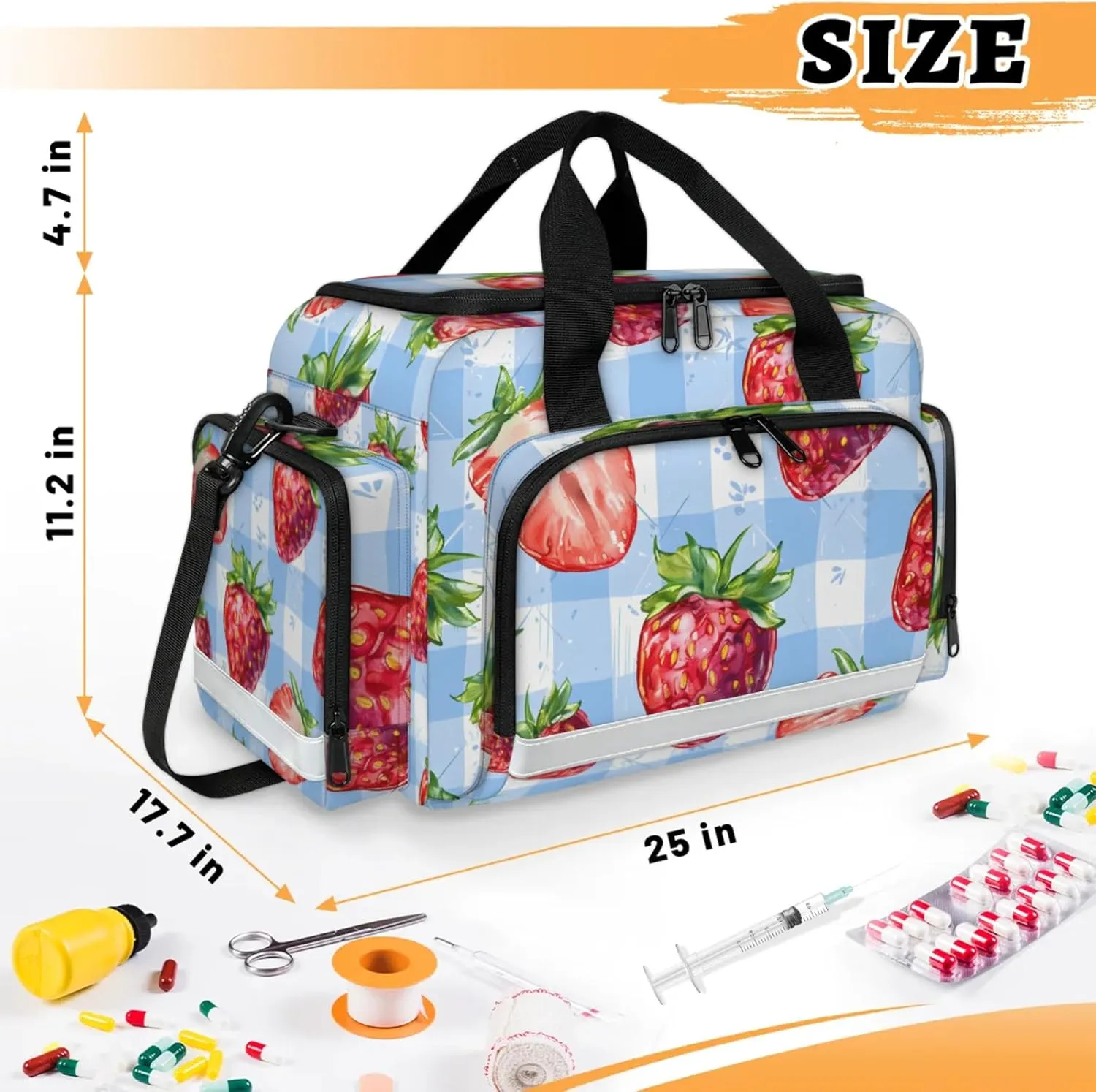 Waterproof Tactical Duffle Bag 25" Carry On Bag for EMT Tear-Resistant Gym Bag with Multi-Pocket & OSHA Reflective Travel Bags for Men Women Strawberry Check Plaid