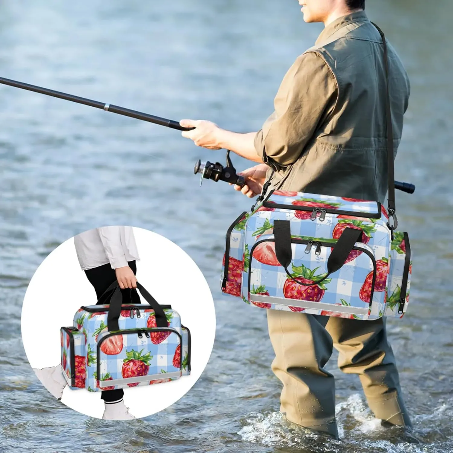 Waterproof Tactical Duffle Bag 25" Carry On Bag for EMT Tear-Resistant Gym Bag with Multi-Pocket & OSHA Reflective Travel Bags for Men Women Strawberry Check Plaid