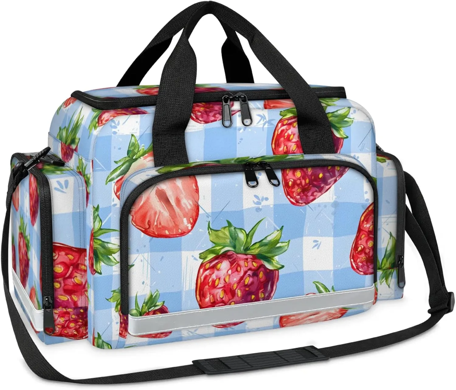 Waterproof Tactical Duffle Bag 25" Carry On Bag for EMT Tear-Resistant Gym Bag with Multi-Pocket & OSHA Reflective Travel Bags for Men Women Strawberry Check Plaid