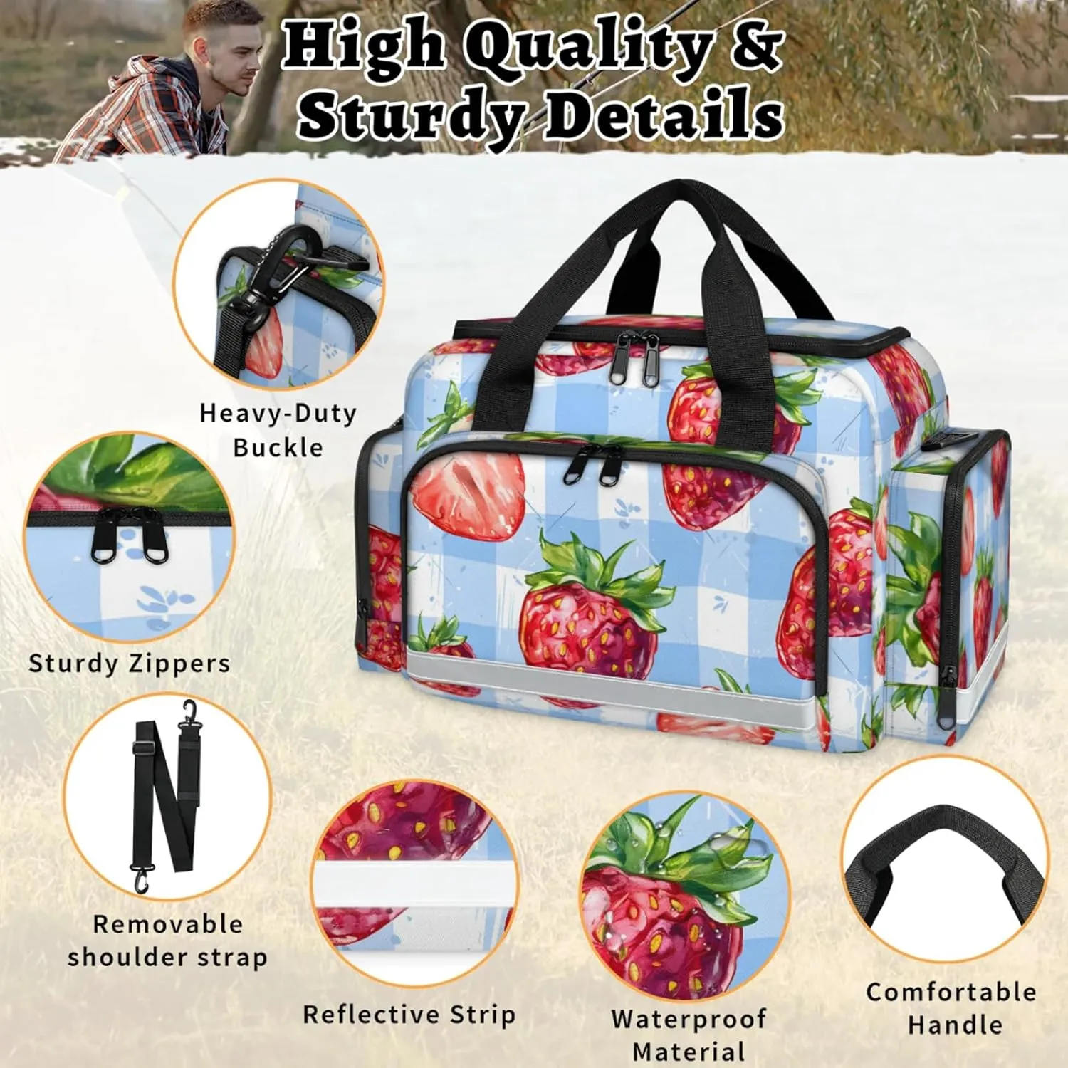 Waterproof Tactical Duffle Bag 25" Carry On Bag for EMT Tear-Resistant Gym Bag with Multi-Pocket & OSHA Reflective Travel Bags for Men Women Strawberry Check Plaid