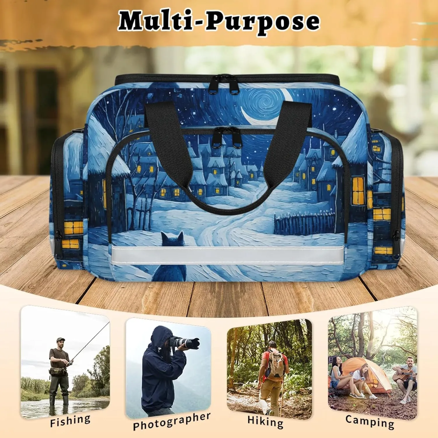 Waterproof Tactical Duffle Bag 25" Carry On Bag for EMT Tear-Resistant Gym Bag with Multi-Pocket & OSHA Reflective Travel Bags for Men Women Winter Village Cat