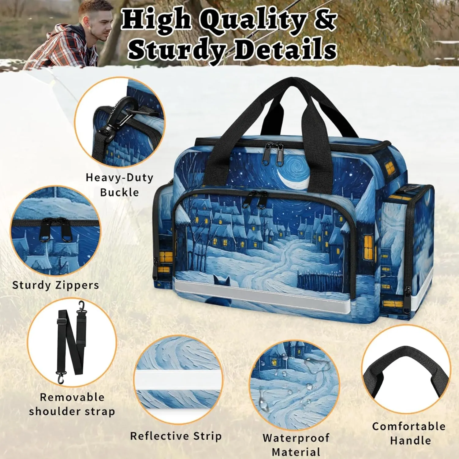 Waterproof Tactical Duffle Bag 25" Carry On Bag for EMT Tear-Resistant Gym Bag with Multi-Pocket & OSHA Reflective Travel Bags for Men Women Winter Village Cat