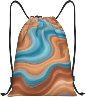 Wavy Colored Fluid Earthen Print Drawstring Bags 210D Polyester Backpack Foldable Sports Drawstring Sack Mini Travel Daypack