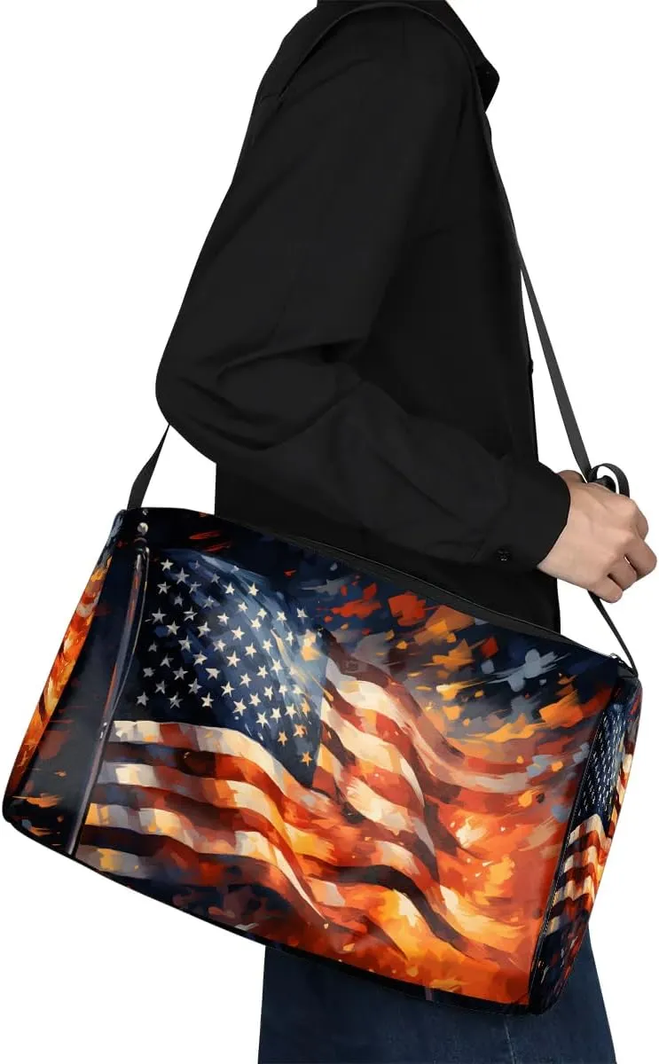 Weekend Bag America Flag Retro Drawing Lightweight Carry On Duffel Bag Waterproof Gym Bag Pu Leather Duffle Bag for Workout Travel Sport