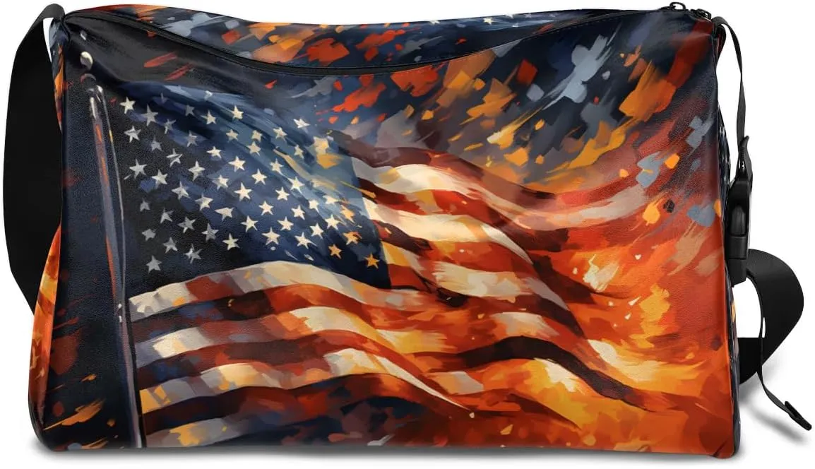 Weekend Bag America Flag Retro Drawing Lightweight Carry On Duffel Bag Waterproof Gym Bag Pu Leather Duffle Bag for Workout Travel Sport
