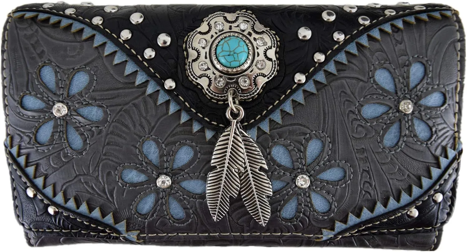 Western Feather Tooled Leather Floral Laser Cut Flower Purse Studs Single Shoulder Bag Clutch Women Trifold Wristlets Wallet (Black)