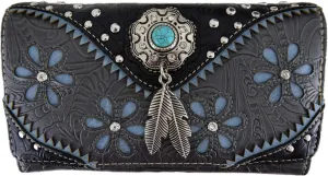 Western Feather Tooled Leather Floral Laser Cut Flower Purse Studs Single Shoulder Bag Clutch Women Trifold Wristlets Wallet (Black)