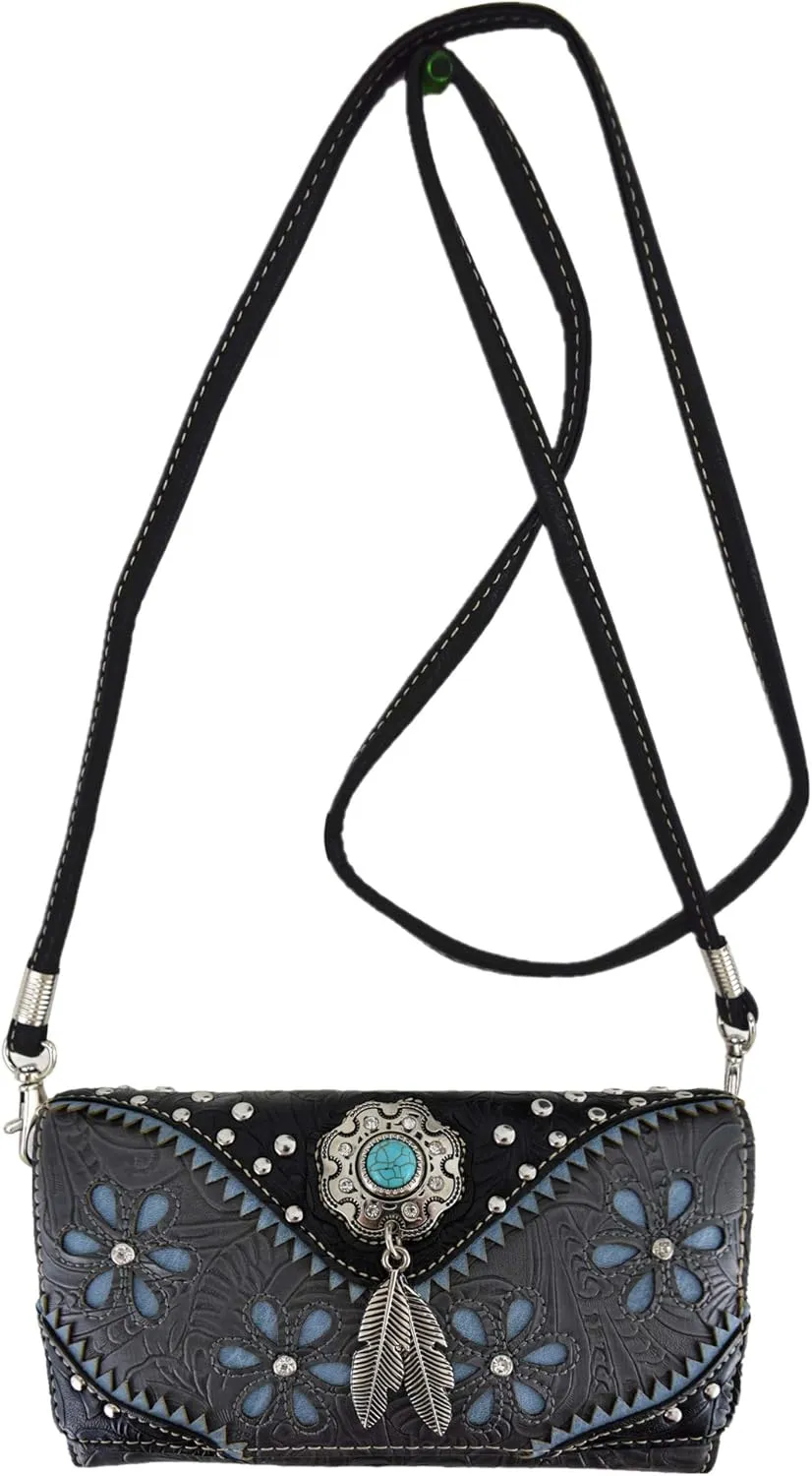 Western Feather Tooled Leather Floral Laser Cut Flower Purse Studs Single Shoulder Bag Clutch Women Trifold Wristlets Wallet (Black)