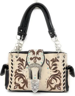 Western Rhinestone Conceal Carry Buckle Floral Concho Laser Cut Shoulder Handbag multi-color