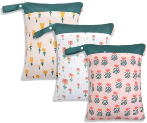 Wet Dry Bags for Baby Cloth Diapers - Waterproof Reusable Washable Travel Bags, Gym Bag, Pool, Daycare Soiled Baby Items Yoga Gym Bag for Swimsuits & Wet Clothes 3pcs/set（Pink&Flower