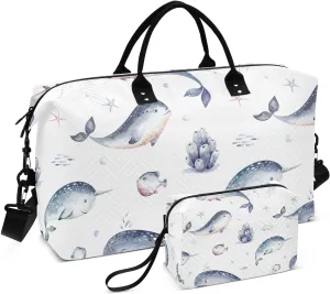Whale Shark Dolphin Starfish Jellyfish Duffel Bag for Gym Yoga Weekender Overnight Quilting Travel Bag Set
