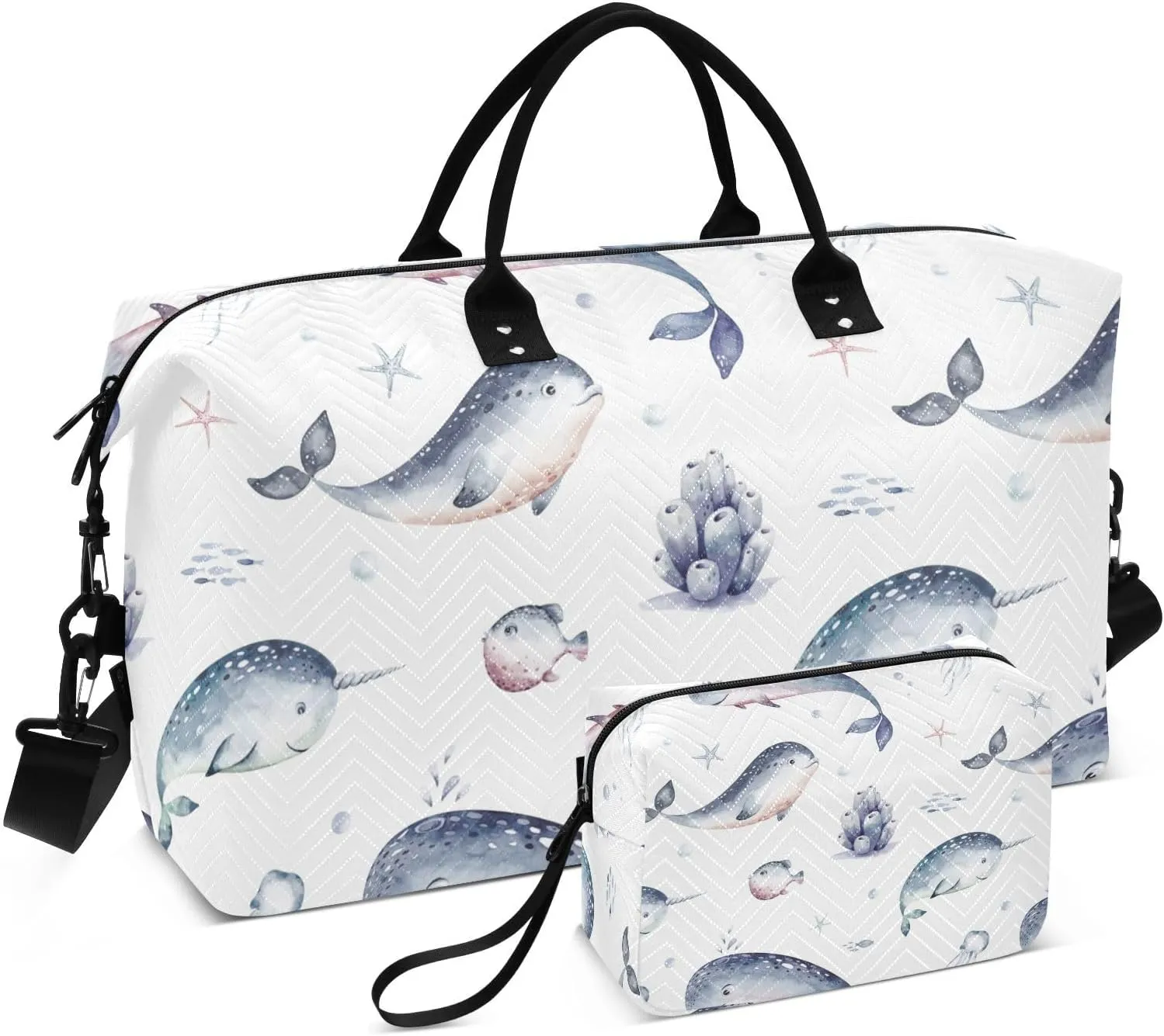 Whale Shark Dolphin Starfish Jellyfish Duffel Bag for Gym Yoga Weekender Overnight Quilting Travel Bag Set